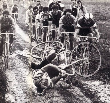 French cycling legend  Bernard Hinault takes a tumble in the mud during Paris-Roubaix 1981